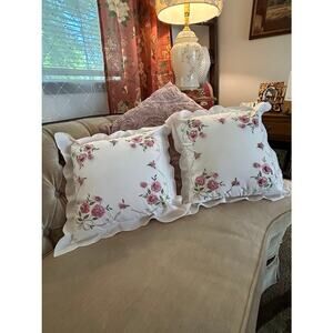 2 Shabby Chic Pink Embroidered Roses and Scalloped edges Pillows